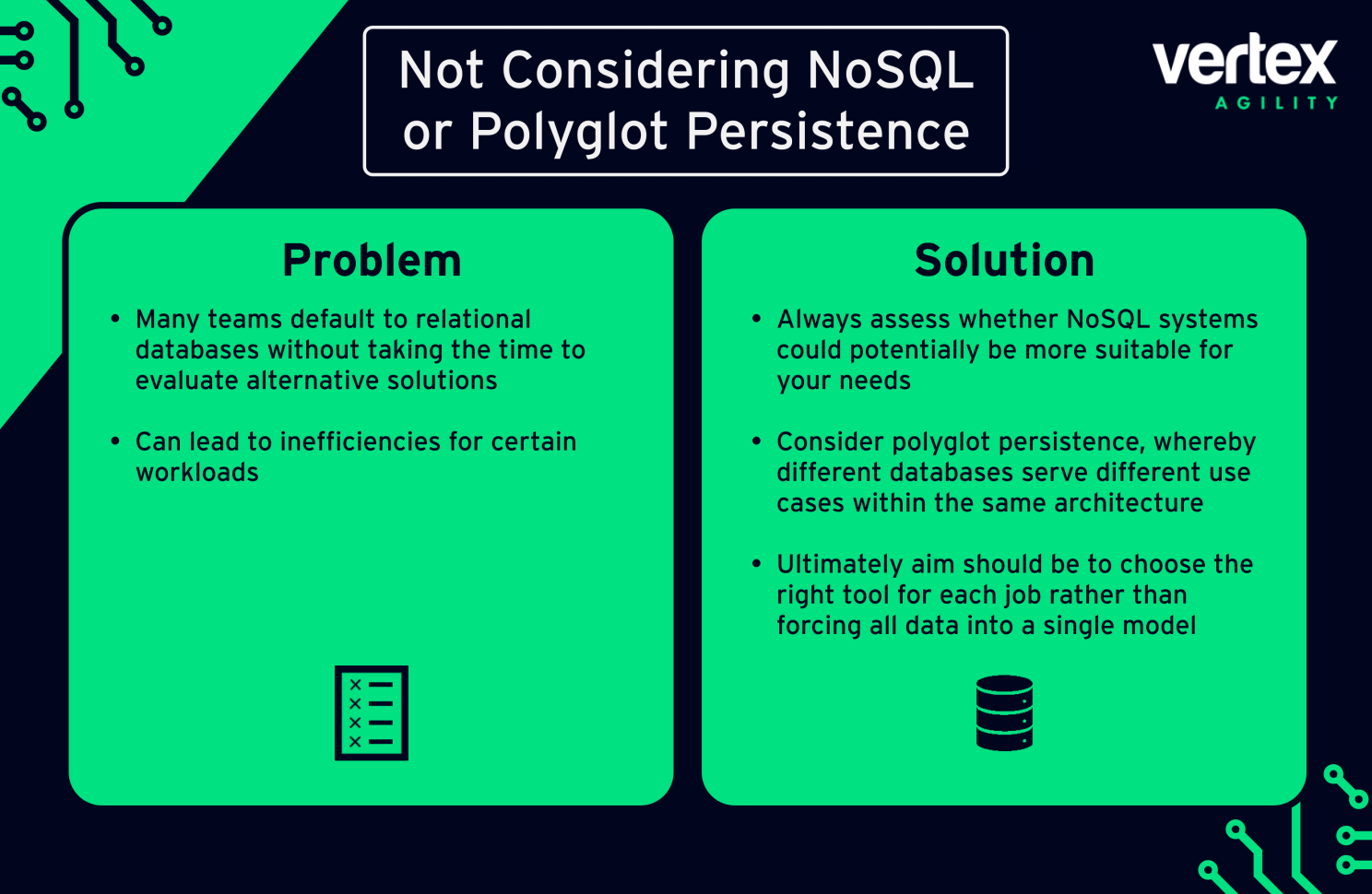 Illustration comparing relational database to NoSQL document / graph stores, showing multiple database types side by side.